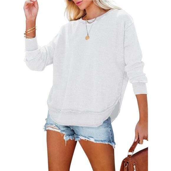 Oversized Crewneck Sweatshirt with Side Split - Casual Loose Fit Pullover Top - Picture 1 of 6